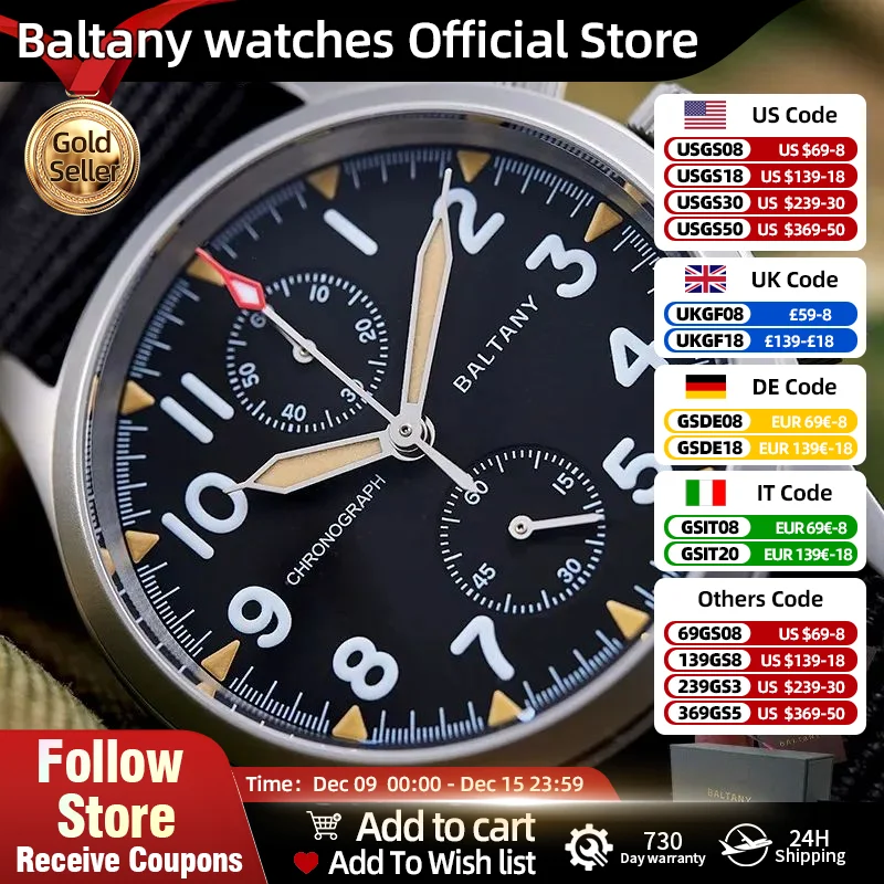 Baltany Quartz Military Chronograph S5033  Stainless Steel 39mm Case Fabric Strap 100M Waterproof VK61 Multifunction Watches