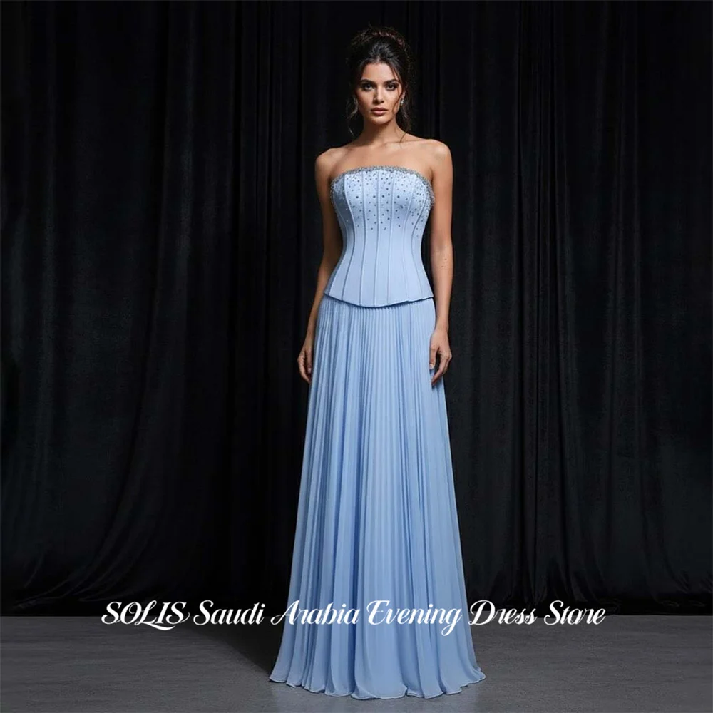 

SOLIS Blue Prom Dresses Strapless Lace Up Back Gala Dresses Beading On Chest Saudi Arabic A Line Evening Party Gown Customized
