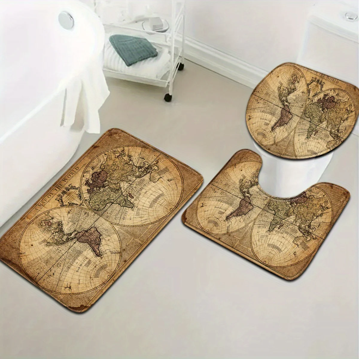 3pcs Retro Map Bathroom Mat Set  Earth & Plane Design, Non-Slip U-Shaped Mat, Toilet Seat Cover & Floor Pad, Vintage Brown Style