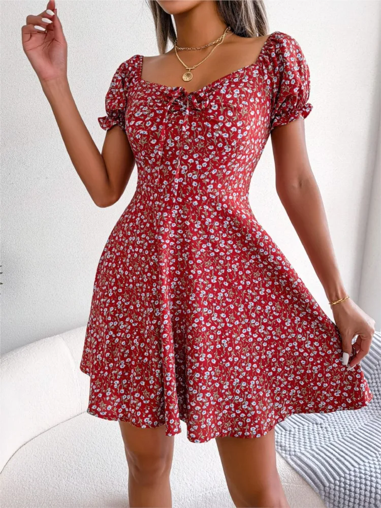 Summer Round Neck Bell Sleeves Rope Polka Dot Floral Dress 2024 Beach Vacation Casual And Elegant Skirt For Women