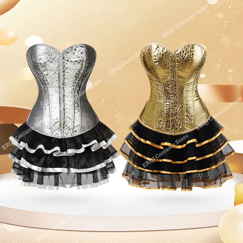 

Corset tutu Dress Burlesque Plus Size Corset Mini Skirt y2k Overbust Leather Corset Bustier Nightclub Gold Silver Sexy