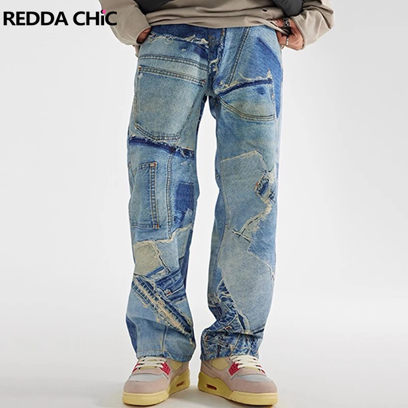 

REDDACHIC мужские джинсы больших размеров с принтом, старые джинсы с низкой талией и карманами, широкие брюки, свободные потертые джинсовые брюки, винтажная уличная одежда в стиле хип-хоп