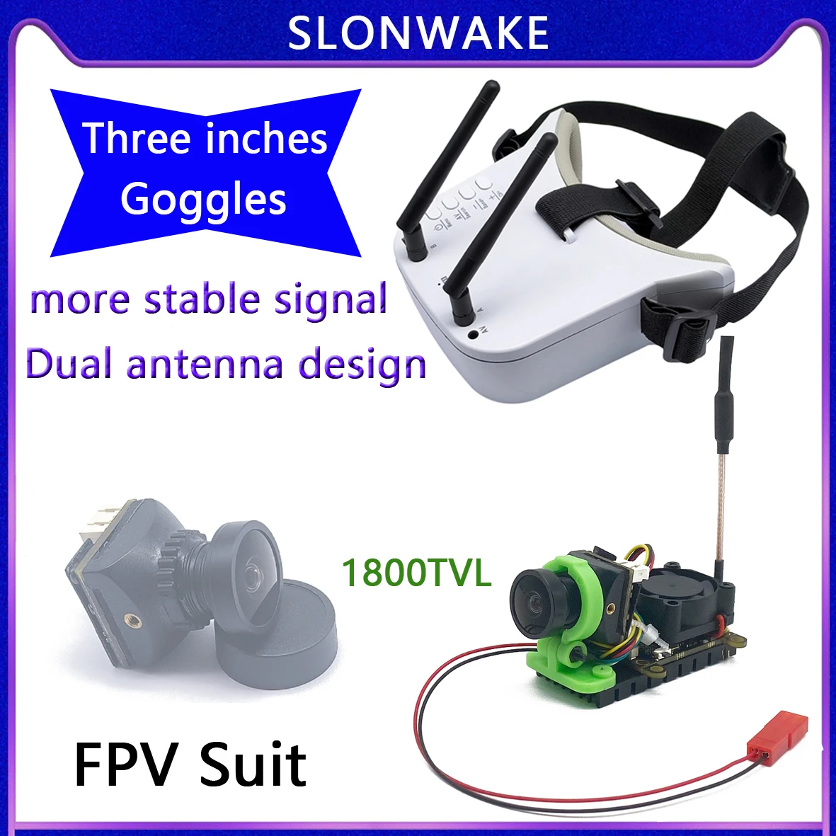 SLONWAKE  New  VR Goggles FPV 3 Inch 5.8G 48CH 1W VTX switchable launcher with Starlight HDR 1800TVL camera suit