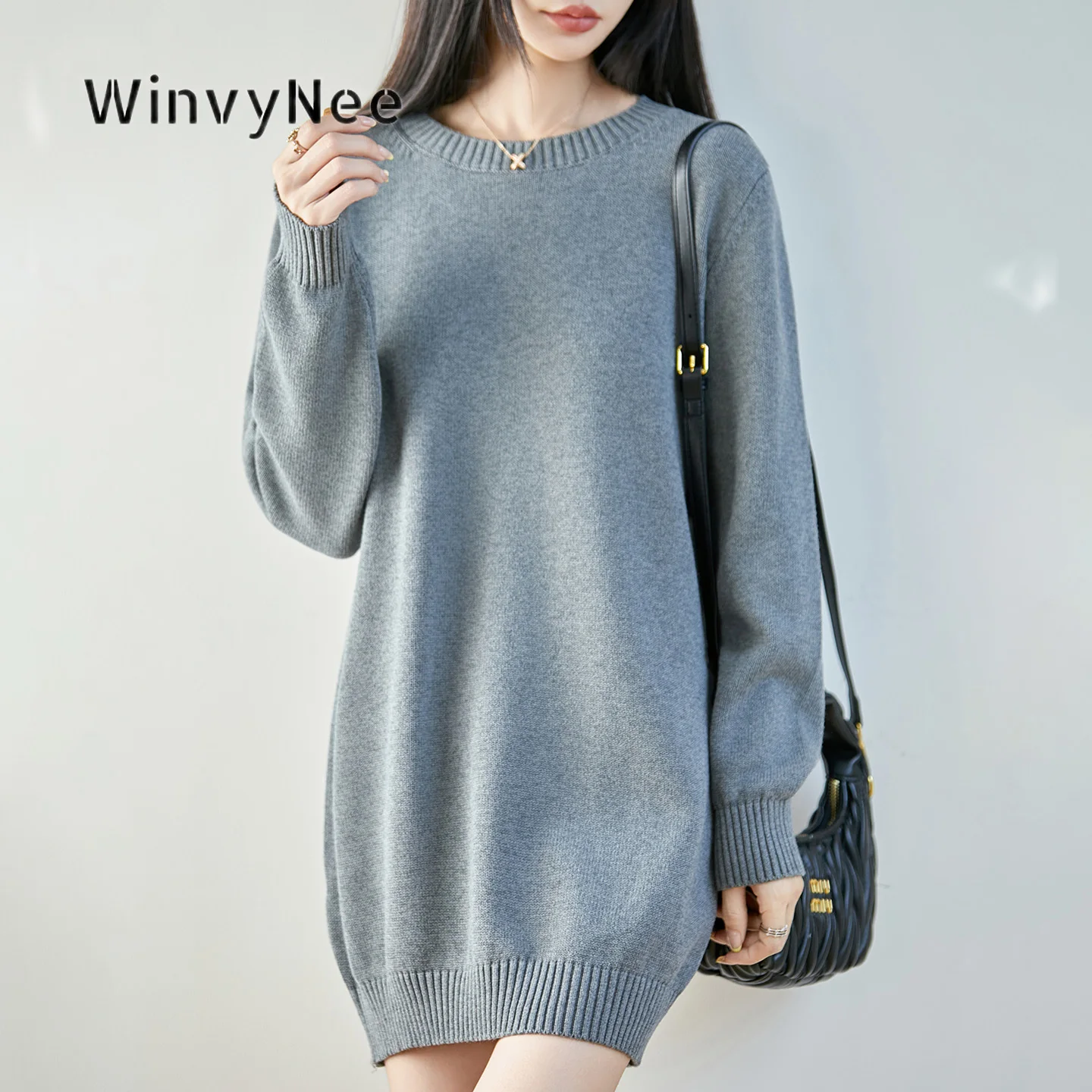 WinvyNee Women Crew Neck Knit Jumper Pure Cotton Mid‑Length Stylish Blouse Trendy Spring For Autumn Daily Clothing ZA1092038