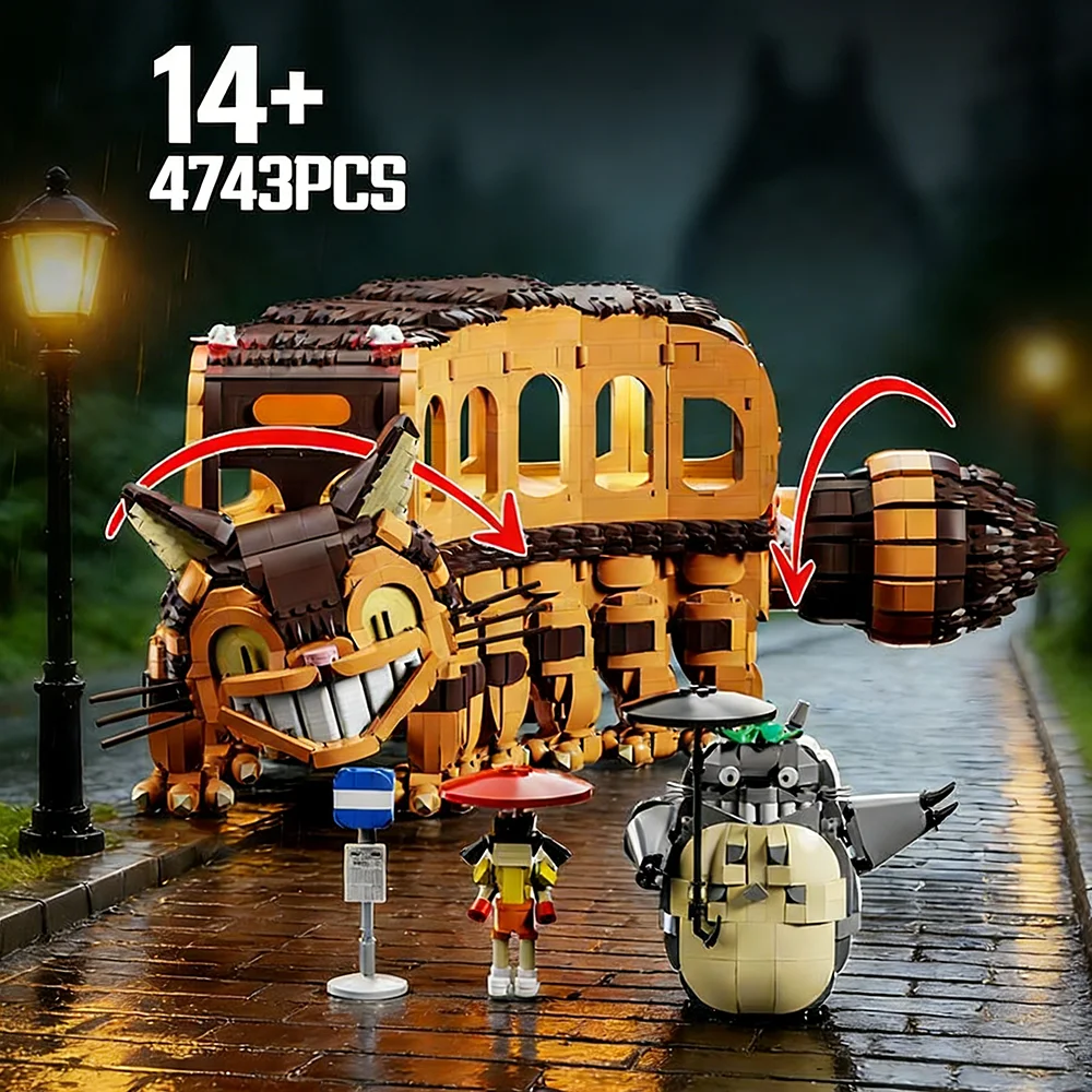 4743PCS Cat Car Building Block Set  Animal Toy Model Collectible Assembly Gift for Kids Friend Hayao Miyazaki Anime Fans