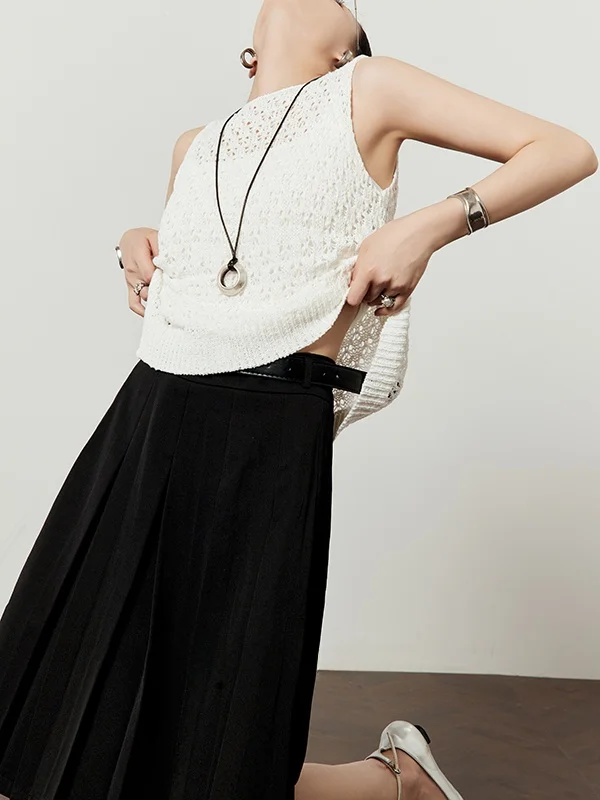 

Женский вязаный комплект: свободный жилет на бретелях и длинные брюки. Новинка лета, простой дизайн, ажурный трикотаж, круглый вырез.