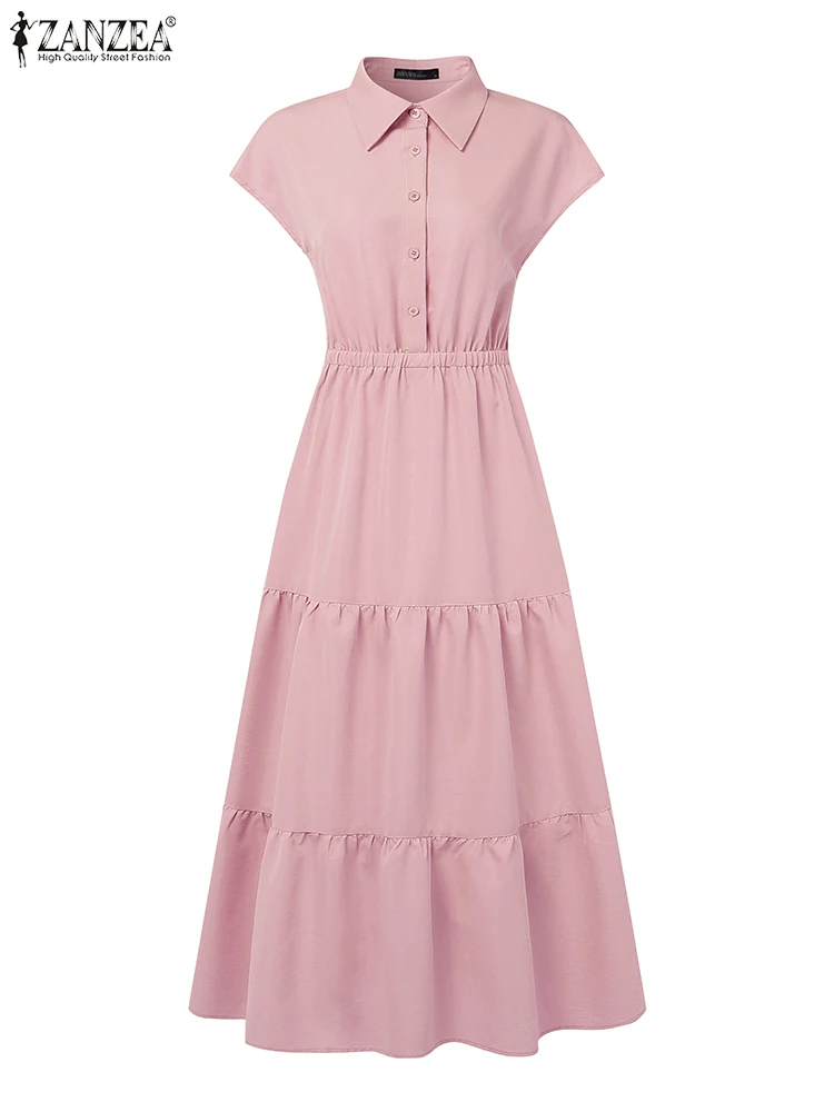 

ZANZEA Fashion 2025 Summer Tiered Midi Dresses Solid Women Elegant Turn-Down Collar Shirtdress Cap Sleeve A-line Robes Femme