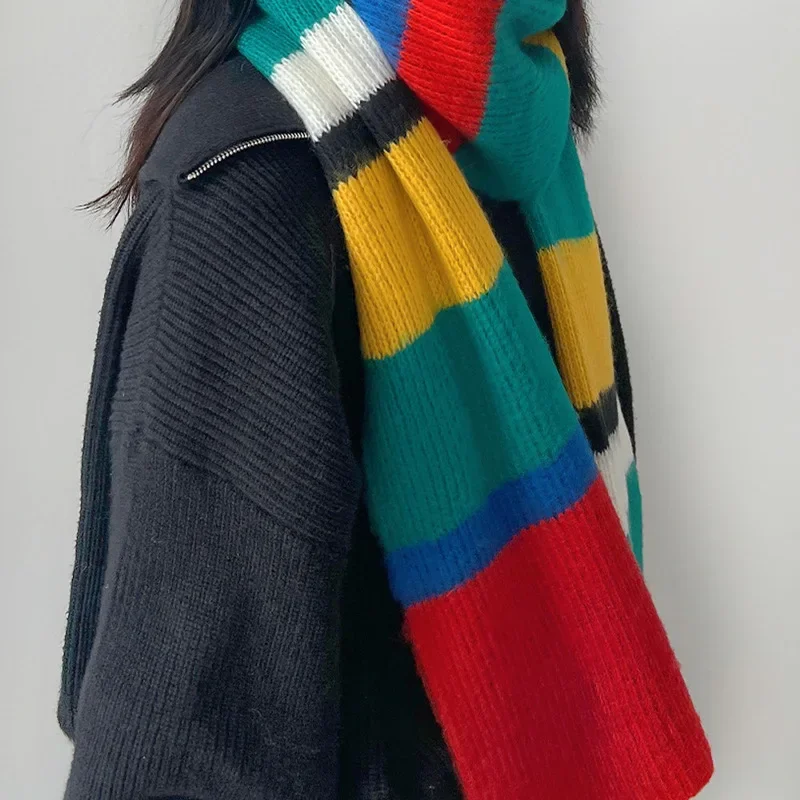 

2024 New Thick Warm Scarf Women Rainbow Color Contrast Stripes Women's Knitted Scarf Winter Stretchy Long Soft Neckerchief