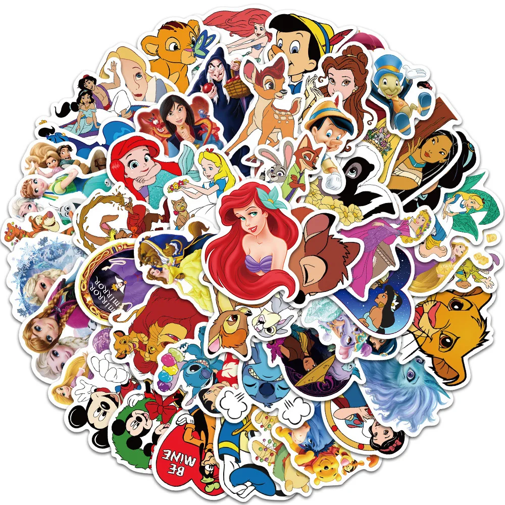 

10/30/50pcs Disney Cartoon Princess Stickers Kawaii Stitch Sticker Notebook Laptop Bike Guitar Classic Characters Decals Toys