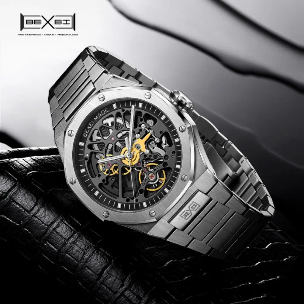 BEXEI 9096 watches for man Automatic movement mechanical synthetic sapphire Gradient dial Classic octagonal design waterproof