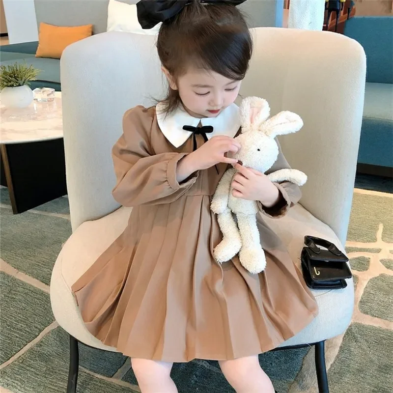 Girl Dress Spring Autumn Baby Children Clothing Personality Tide Korean Fashionable Doll Collar Princess Pleated 2024