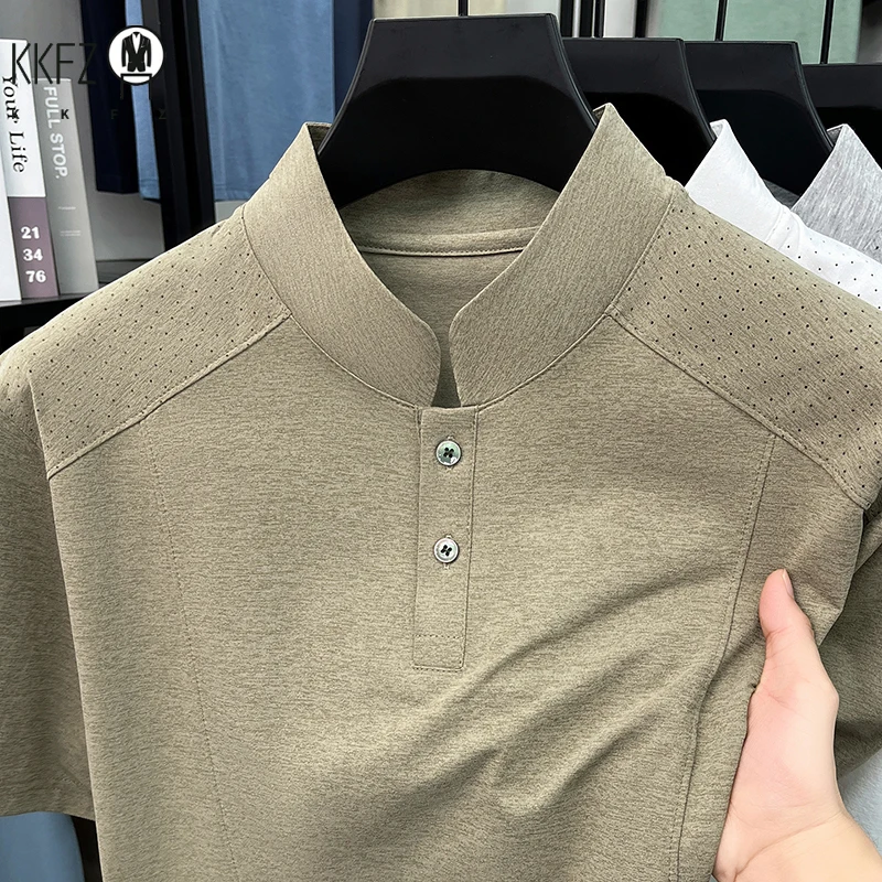 Outdoor leisure male split mandarin henley t shirt shoulder hollow breathable sweat wicking lightweight plain short sleeve tee