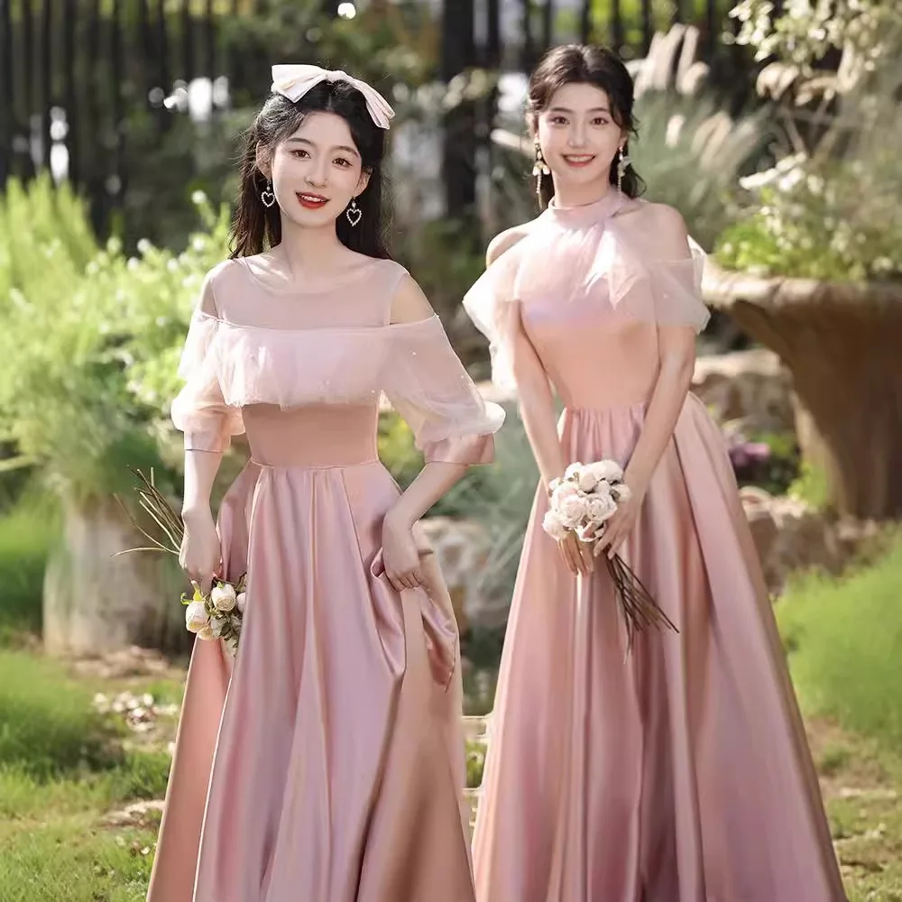 Personalizado rosa vestidos de dama de honra cetim formal vestido de noite doce memória feminino meninas princesa vestido de festa de casamento 2025 novo