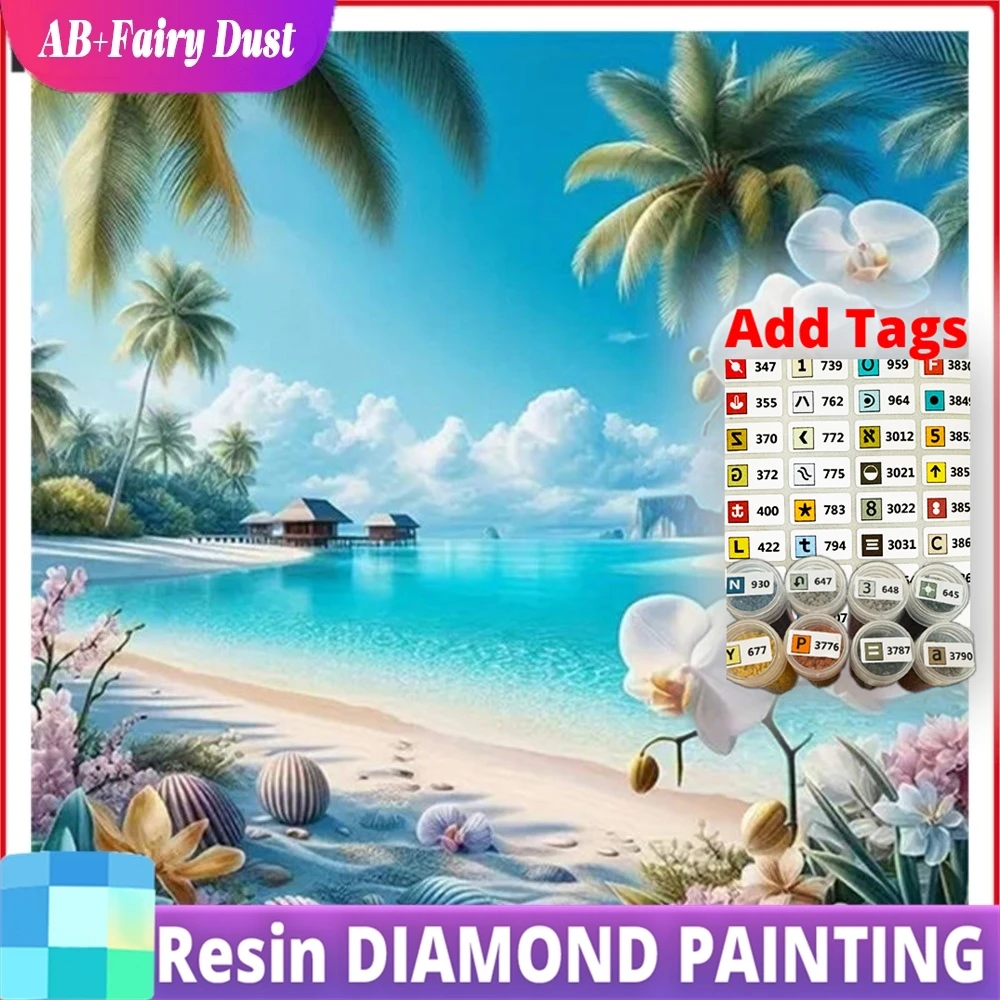 

Resin AB Fairy Dust Diamond Painting Flower DIY Seaside Scenery Diamond Mosaic Coconut Tree Shells Home Decoration Rhinestone Pi
