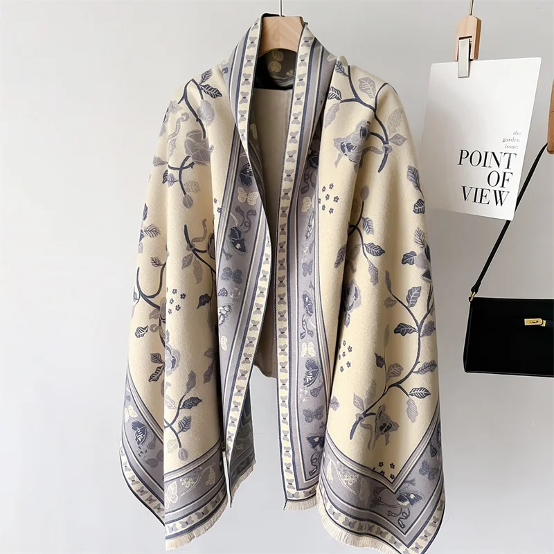 2024 Floral Print Winter Scarf Cashmere Thicken Warm Women Shawl Pashmina Female Wrap HIjab Foulard Neckerchief