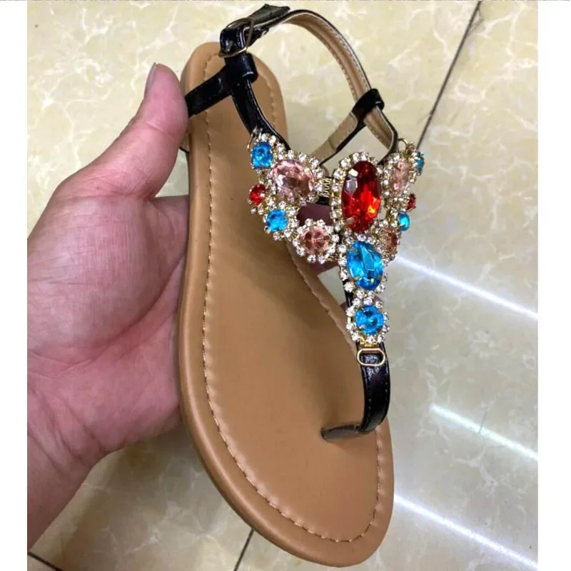 Women\'s Sandals 2023 New Summer Casual Flat Sandal Straps Diamonds Fashion Gladiator Woman Beach Shoes Gold Large Size 37-41