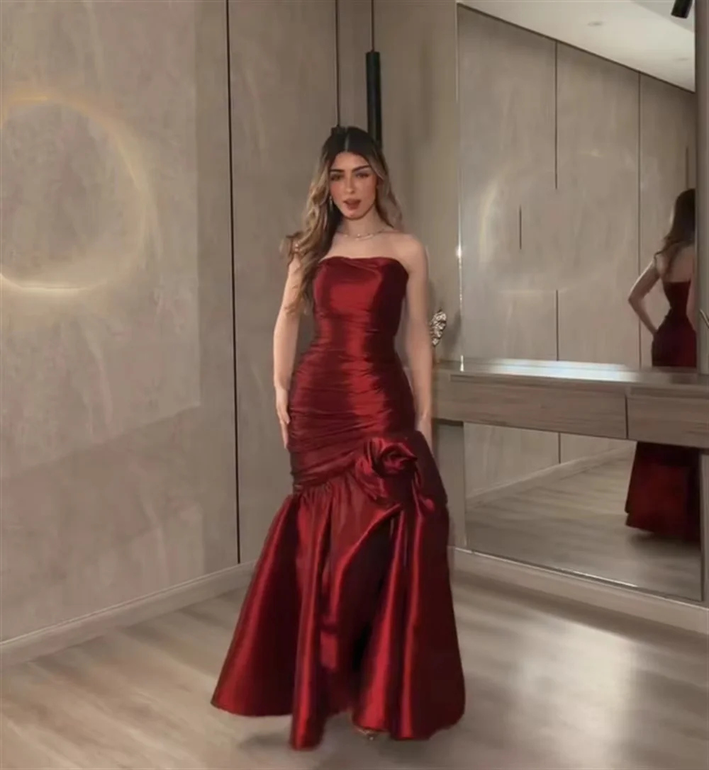 Burgundy Strapless Long Bespoke Occasion Gown Evening Dresses Prom Pastrol Unisex Jersey Retro Dubai Saudi Arabic Customized