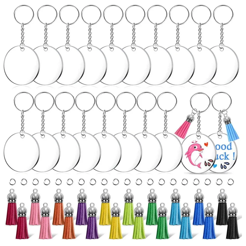 DIY Acrylic Keychain Making Kit with Metal Rings, Tassels & Clear Discs - Customizable Handmade Keyring Set for Thank You Gifts