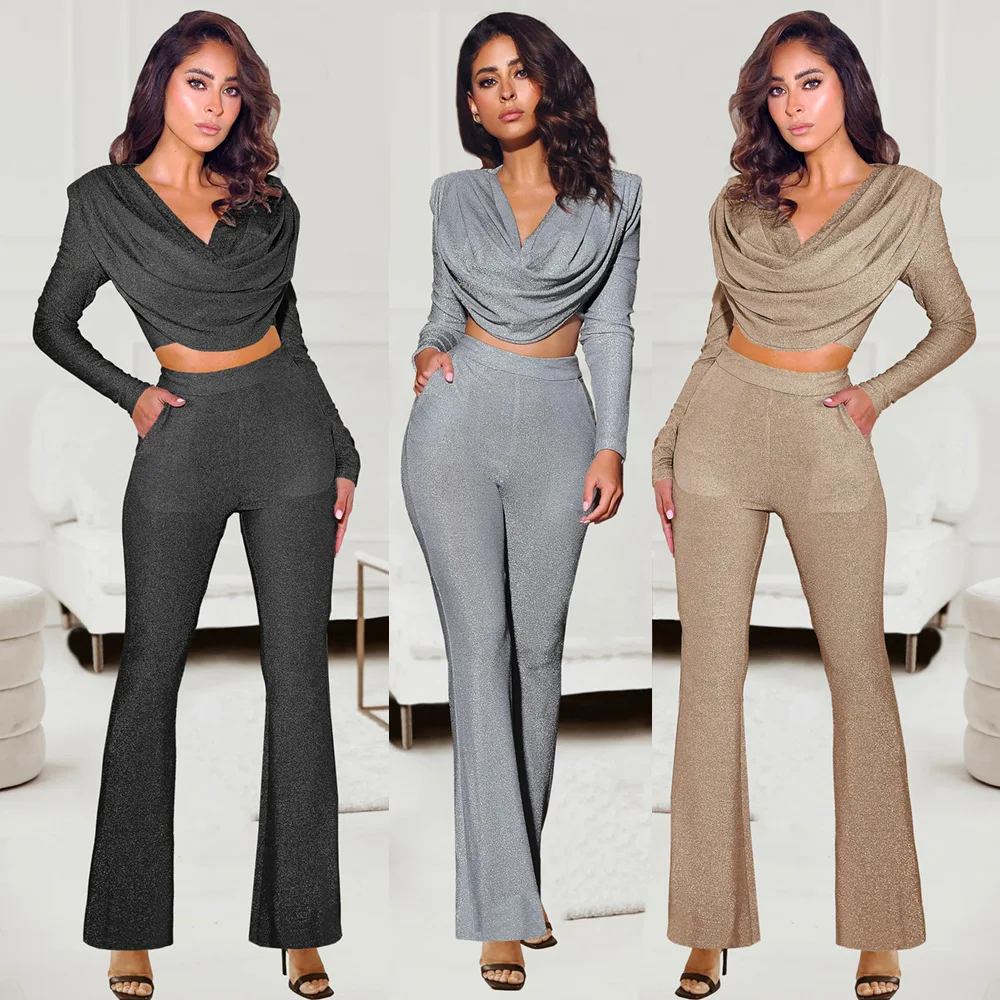 

Europe and the United States set of sexy casual ladies hot gold long-sleeved tops flared pants two-piece suit