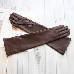 Women's Touch Screen Long Leather Gloves Thin Colored Sheepskin Fashion Stage Wear Autumn Silk Lining Sleeves