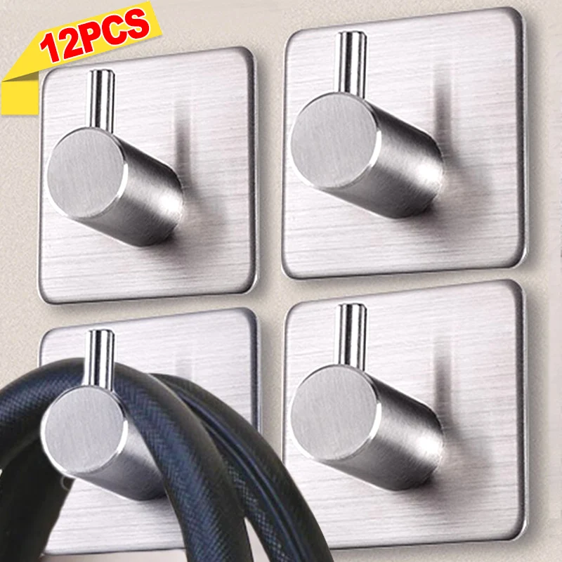 1/12Pcs Stainless Steel Self-Adhesive Towel Hooks Key Coat Wall Storage Rack Heavy-duty Bathroom Kitchen Hardware Hanger Hook