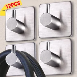1/12Pcs Stainless Steel Self-Adhesive Towel Hooks Key Coat Wall Storage Rack Heavy-duty Bathroom Kitchen Hardware Hanger Hook
