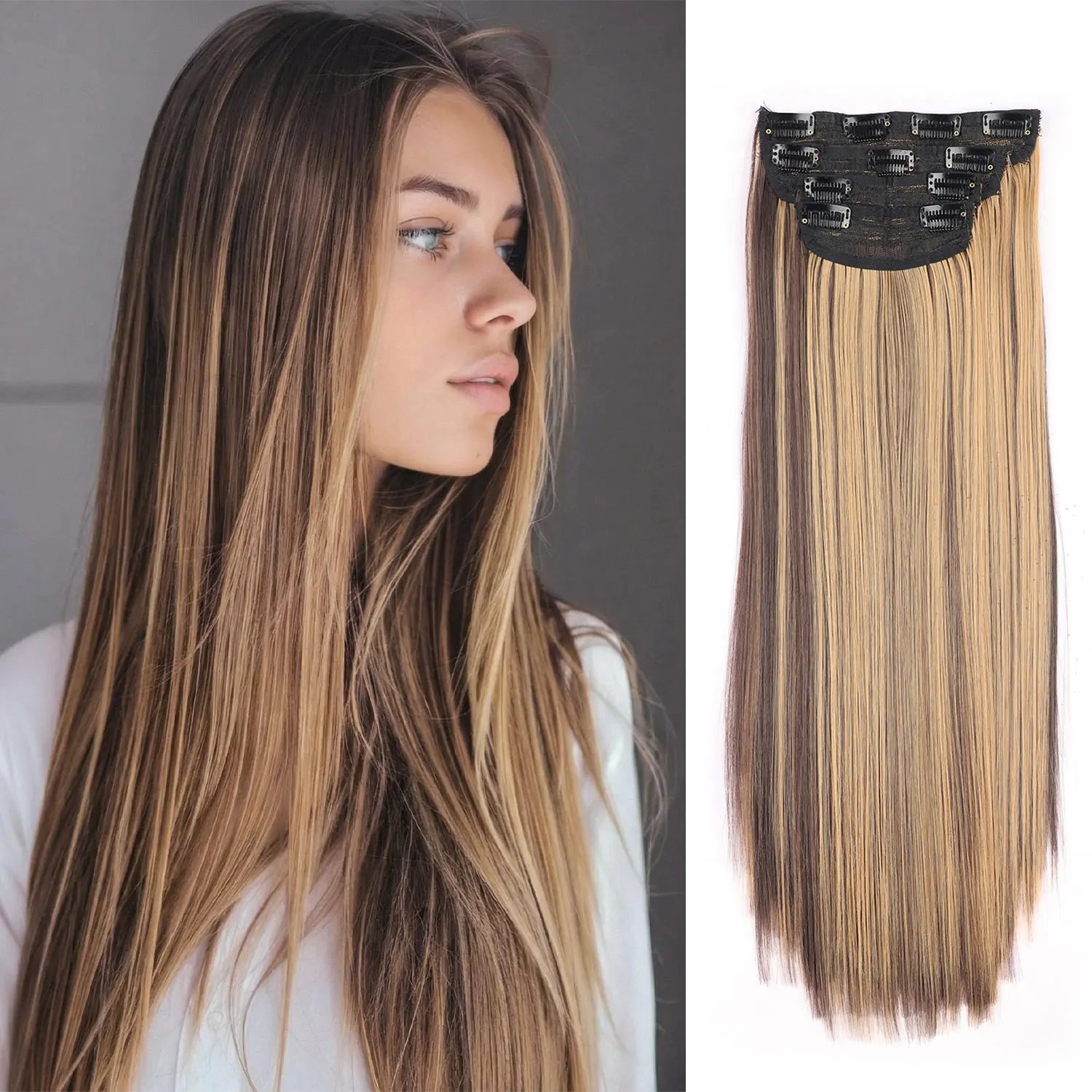 

4pcs Set Synthetic Wavy Clip in Hair Extensions 22inch Straight Hairpieces for Women Girls Daily Party Use