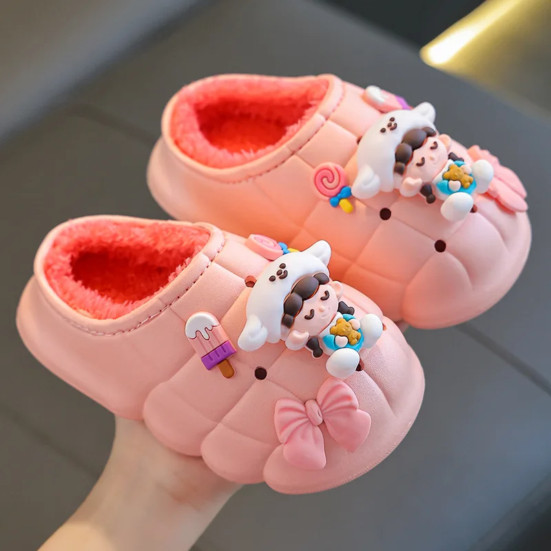 Blaue Babi Winter Fell verstopft Kinder Hausschuhe für Mädchen Indoor Outdoor Panto letten Schuhe Kinder wasserdichte Loafer Slipper Flip Flops