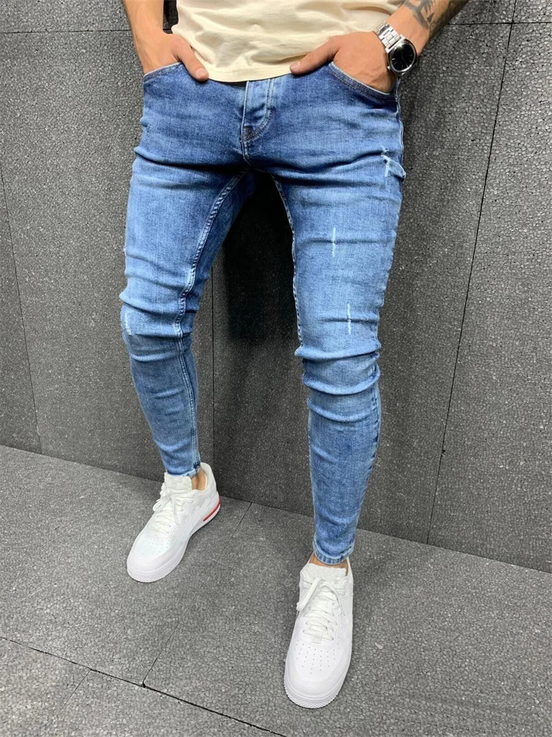 Youth Casual Slim Fit Denim Pants Men's Blue Tight Mid-waist Cotton Pencil Jeans New Cool Four Seasons Solid Color Trousers Male