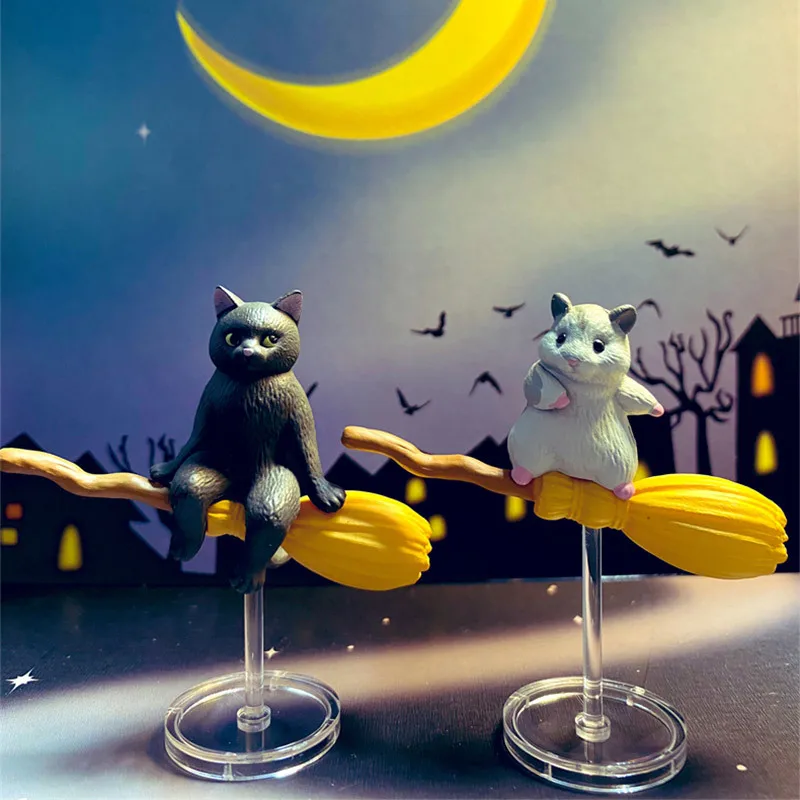 Original Genuine Yell Gashapon Flying Broom Animal Mini Figure Cute Cat Hamster Desktop Ornament Halloween Decor Collection Toy
