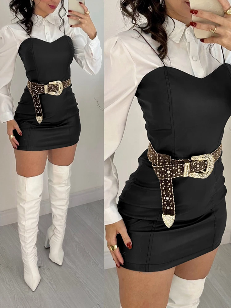 

Casual Women Long Sleeve Commute Outfits Elegant High Waist Slim Two Piece Set Fashion Color Blocked PU Leather Dress&Shirts Set