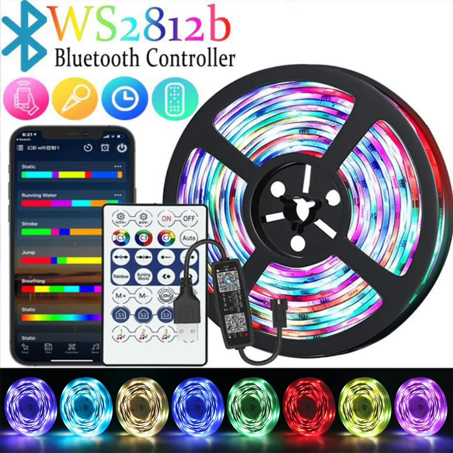 WS2812B LED Strip Individually Addressable Smart RGB LED Strip TV Backlight Tape 28Keys Bluetooth Music Controller Kit DC5V