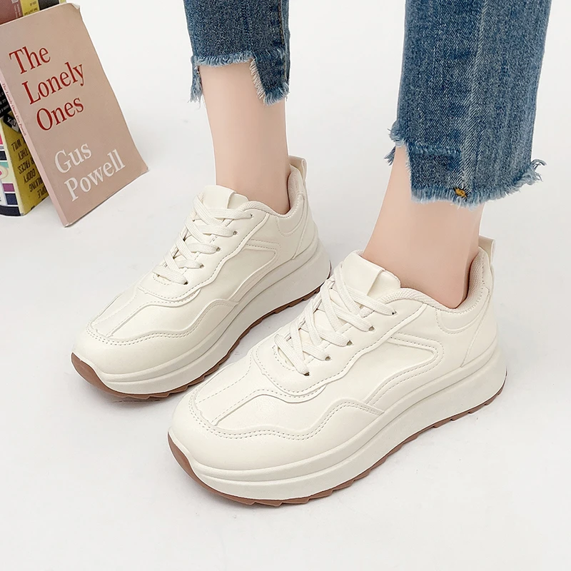 Autumn Women Sport Shoe Outdoor Platform Soft-soled Casual Sneakers Luxury Ladies Running Vulcanized Shoe Zapatillas Beige Mujer