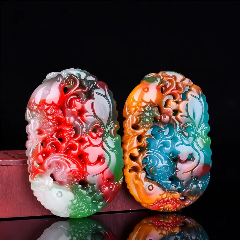 Natural Color Jade Fish Lotus Original Ecological Pattern Pendant Chinese Necklace Carved Charm Jewelry Amulet Fengshui Jewelry