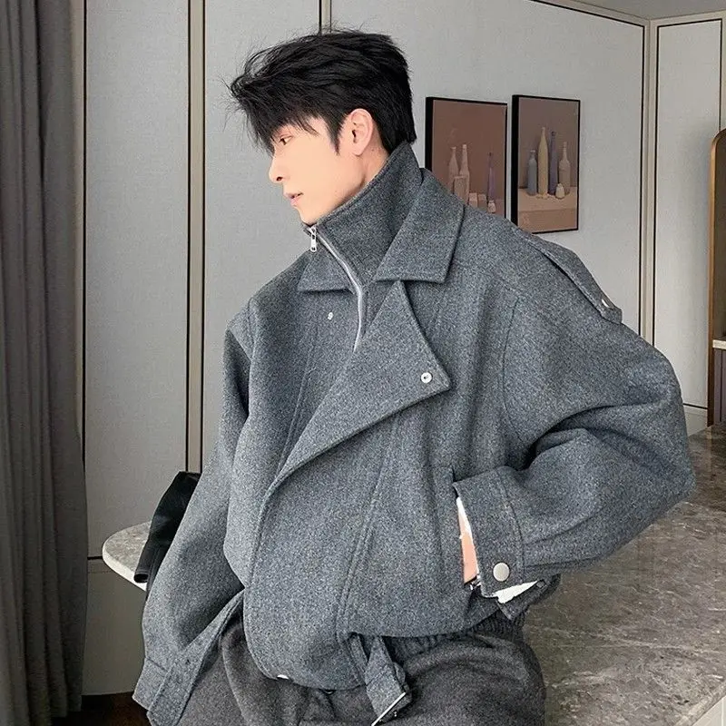 Fake two-piece woolen jacket men's winter thickened cleanfit short shoulder pads high-end silhouette double-layer collar jacket