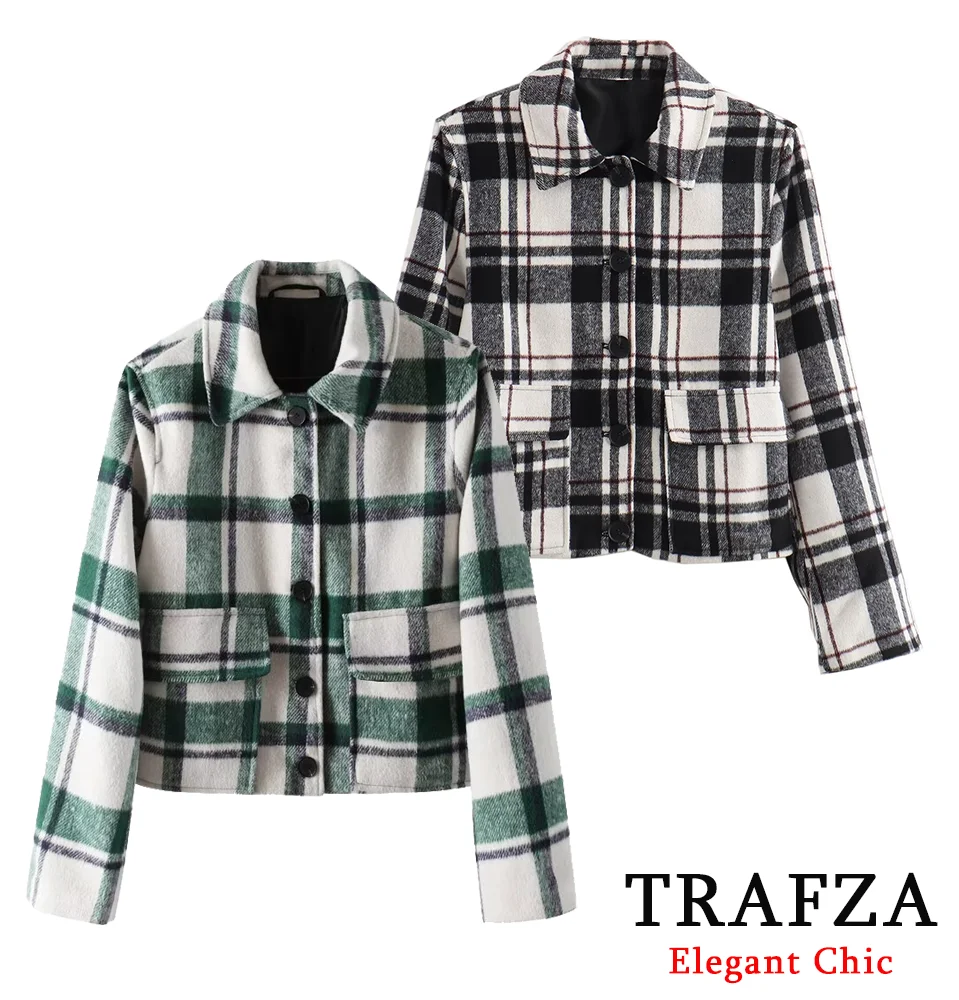 

TRAFZA Classic Casual Plaid Jacket Soft Tweed Jacket Women's Lapel Buttons Jacket New Autumn Winter Fashion Jacket