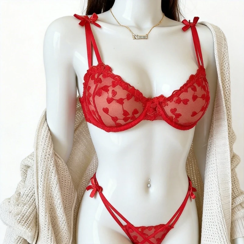 

Комплект из 2 предметов: кружевной бюстгальтер и трусики с сердечками, сексуальный регулируемый бралетт, женское кружевное белье на День святого Валентина