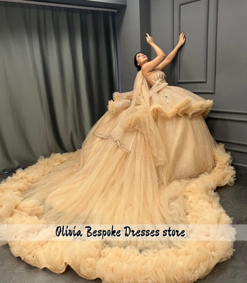 샴페인 튤 15세 퀸시에라 드레스 2026 오프숄더 비즈 장식 멕시코 생일 무도회 드레스 맞춤 제작