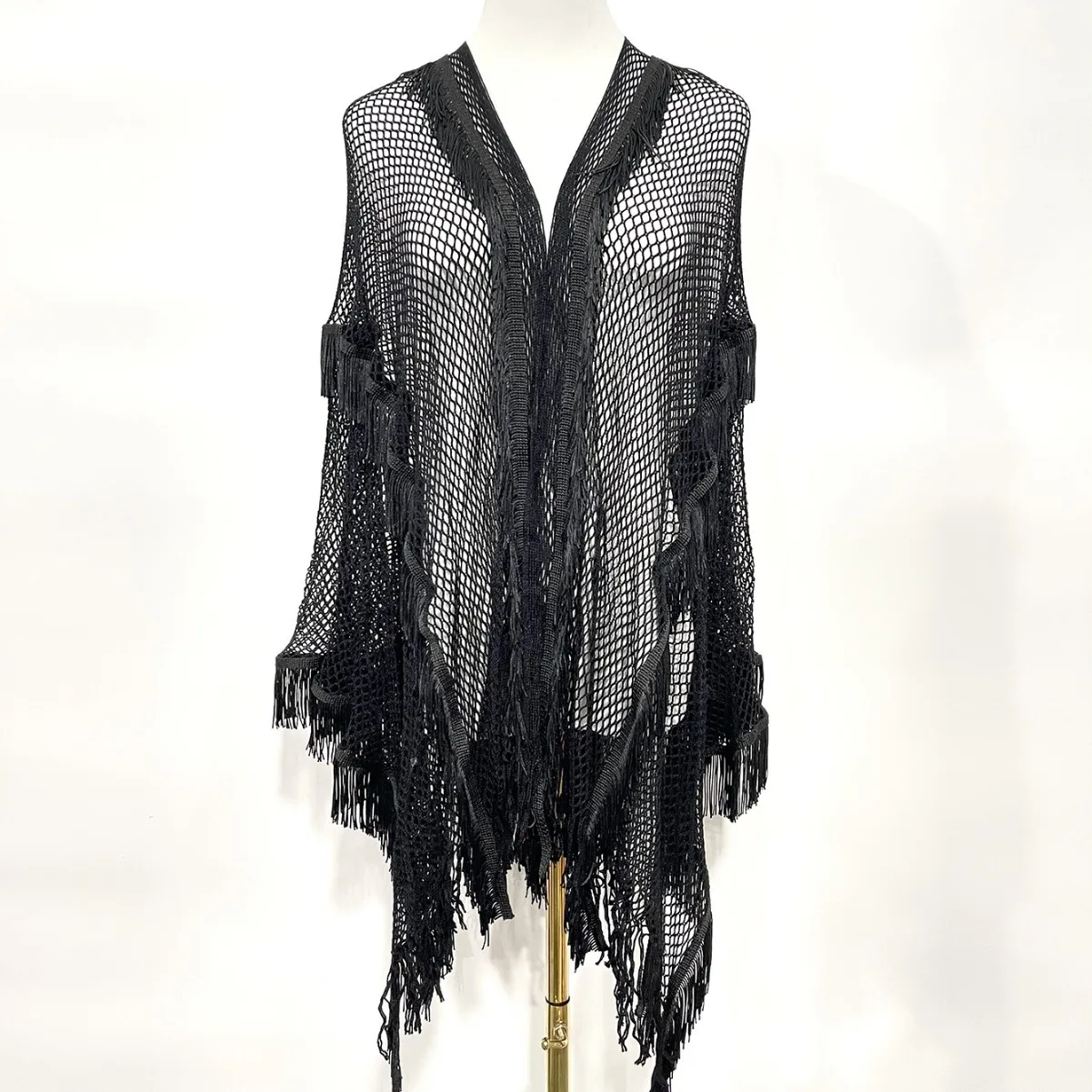 Bohemian Knit Cape Spring Autumn Lace Fringe Slit Poncho Fashion Outerwear for Women