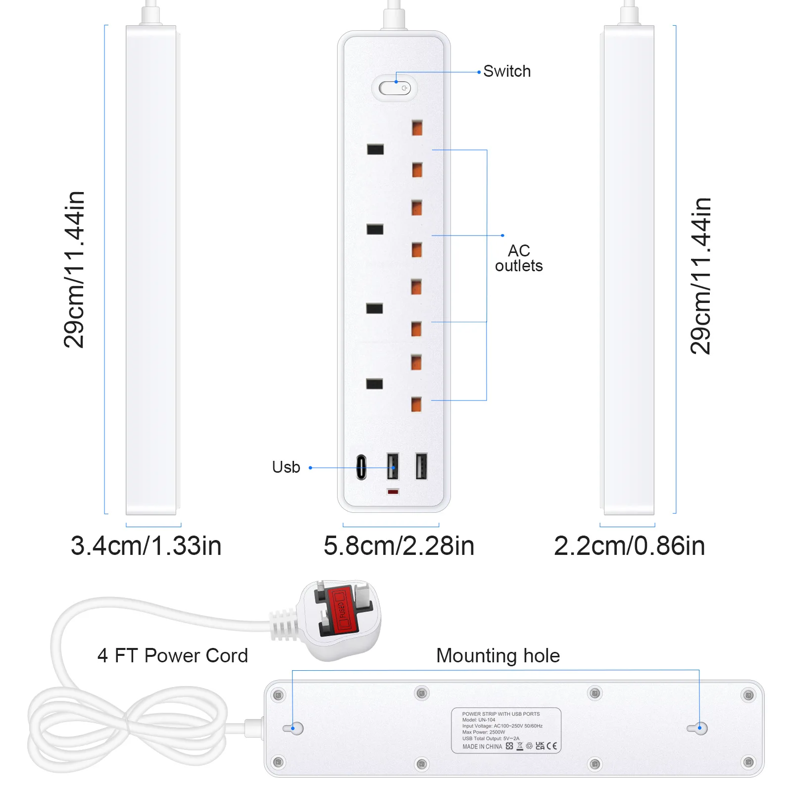 Listwa zasilająca Gniazdo elektryczne UK MY SG z 3USB TypeC PD30W 13A 2500W Przedłużacz zabezpieczający przed przeciążeniem Gniazda elektryczne 1,2m