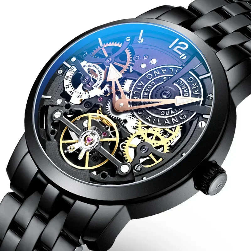 Dropshipping Fashion Luxury Tourbillon Hollow Waterproof Watch Men Steel Luminous Steampunk Skeleton Mechanical Watches For Mens