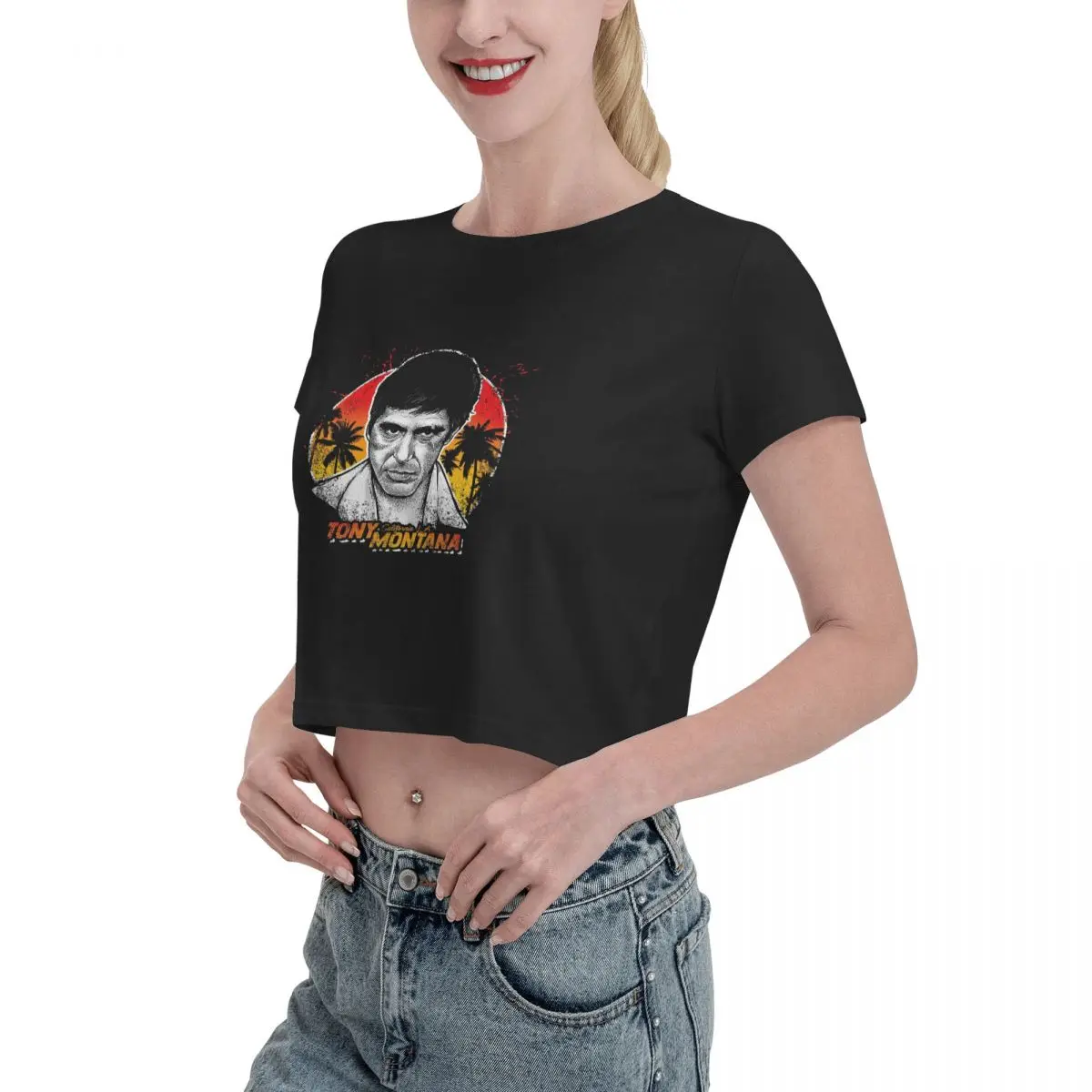 Movie Scarface Tony Montana Graphics Leak navel T-shirt, Womens Summer Cotton Tee Fashion Crew Neck Short Sleeve T Shirts