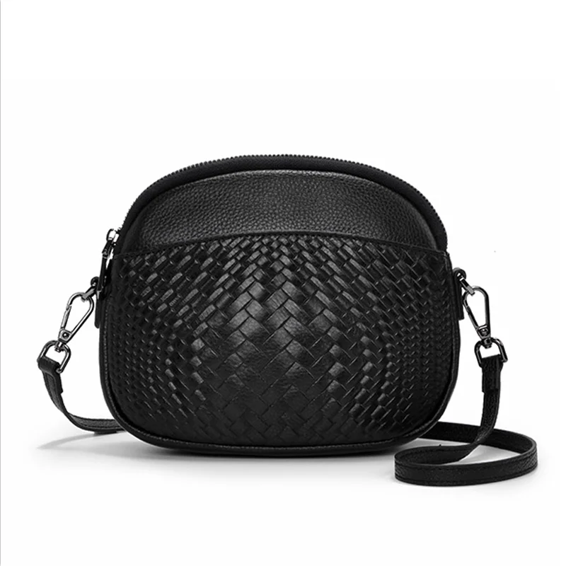 Aidrani  New women\'s single shoulder crossbody bag, made of cowhide material, with black circular bag printed with woven texture