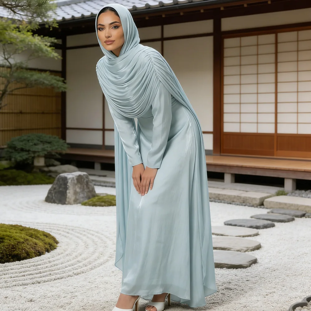

Ramadan Pleated Jalabiya Dubai Abaya Cloak Cape Evening Dresses for Women Muslim Hijab Set Turkey Kaftan Djellaba Islam Clothing