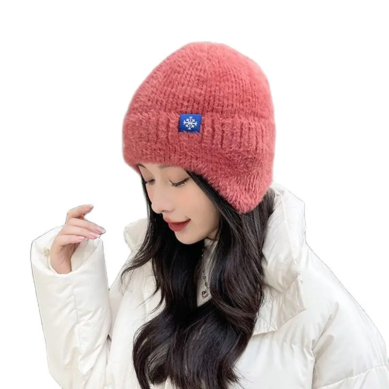 Winter Women Earflap caps Snowflake knitted hats Ear protection hats  Adult Ladies casual mohair beanie cap Gorros