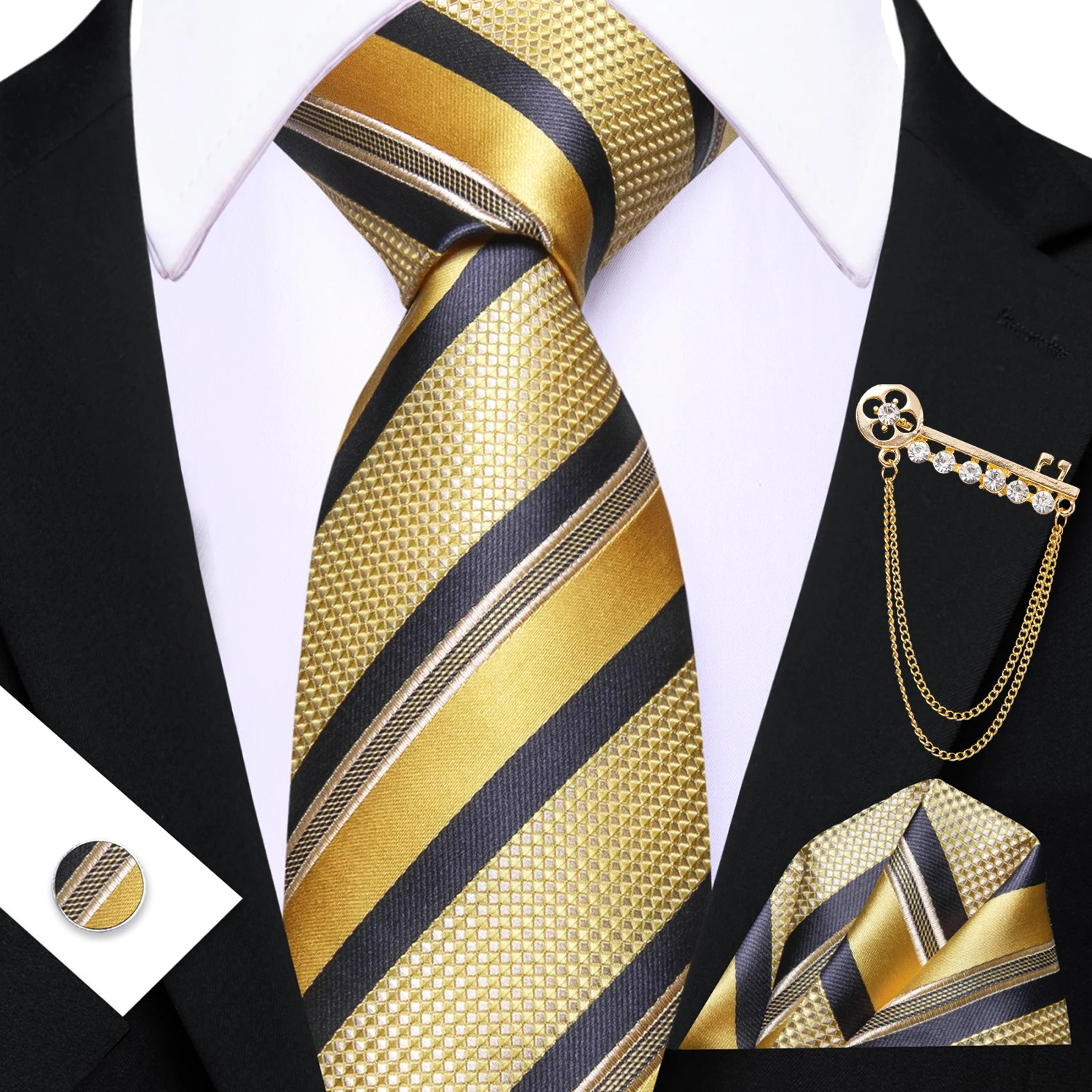 Men's Fashion Striped  Yellow Orange Purple Tie Set with Matching Pocket Square & Cufflinks Brooch Casual Necktie Accessories