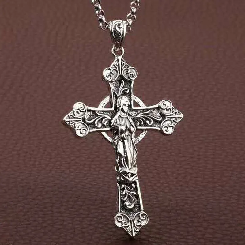 

S925 sterling silver jewelry, Virgin Mary cross necklace pendant, European and American men and women's sweater chain, Thai silv