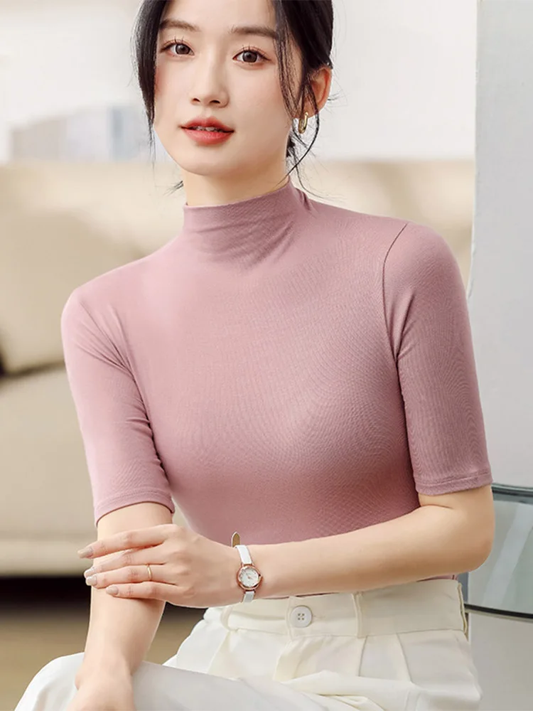 Half Turtleneck Milk Silk Tops Women Short Sleeve Slim T-Shirt Solid Color Basic Trend Bottoming Shirt High Street Women Blouse