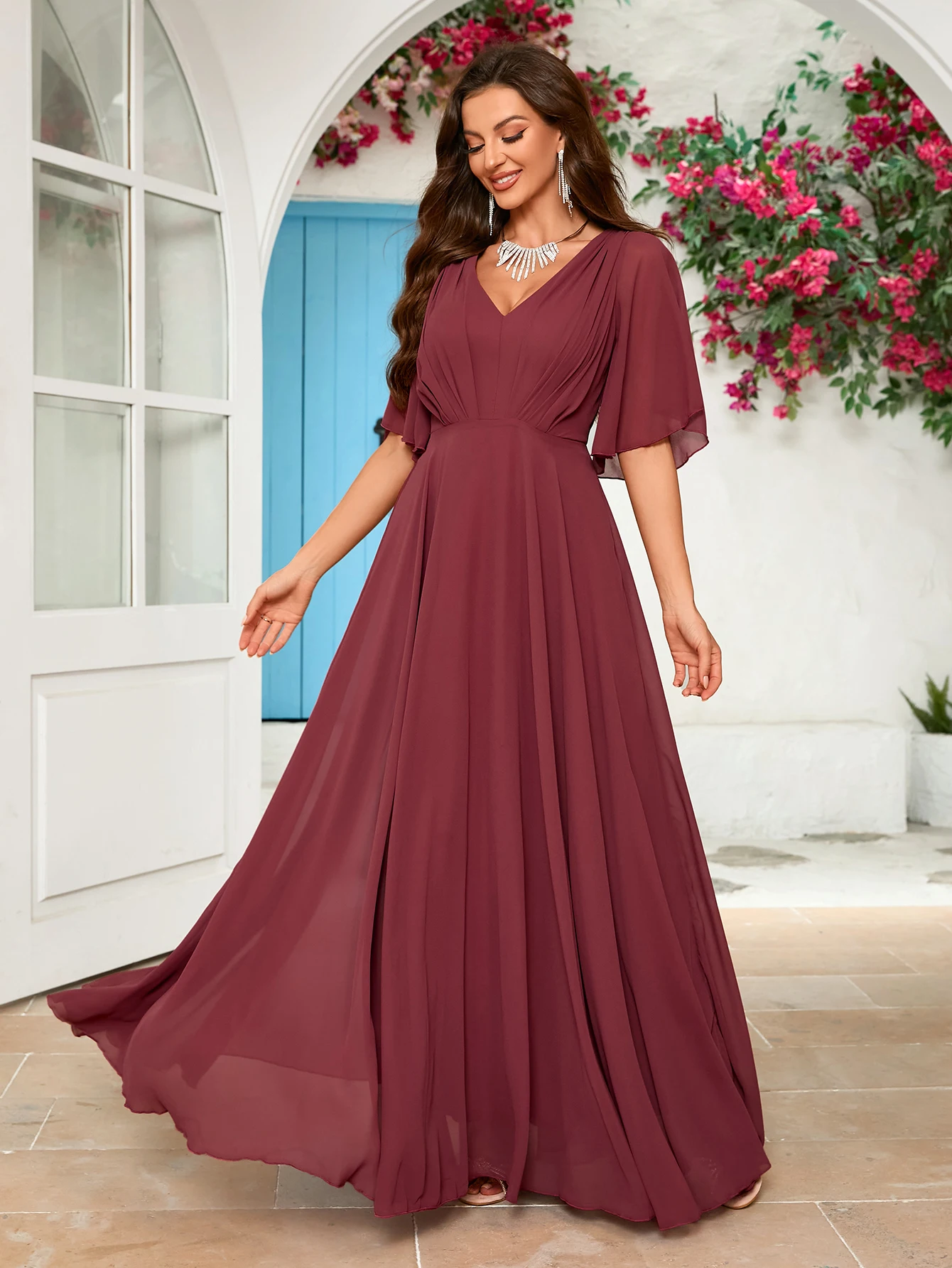 Unithorse Floral Sleeve Ruched Bust Chiffon Bridesmaid Formal Dress