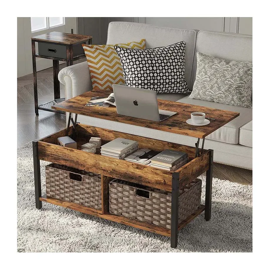 

-High quality living room furniture retro central table with wooden lifting countertop and living room metal frame, gray